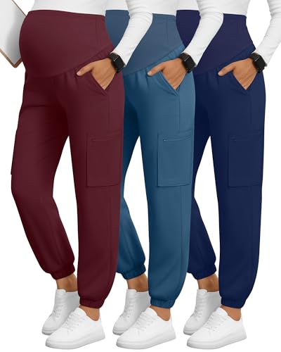 3 Pack Maternity Scrub Cargo Jogger Pants - color: Navy Blue, Blue Green, Wine Red, size: X-Large