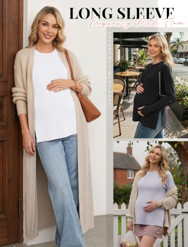 3 Pack Women Maternity Shirts Long Sleeve Pregnancy Tops with Thumb Hole - color: Black/White/Light Grey, size: Small