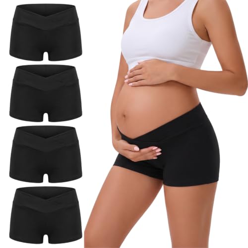 Women's Maternity Underwear Cotton Under the Bump Boyshorts Panties 4-Pack (Black)