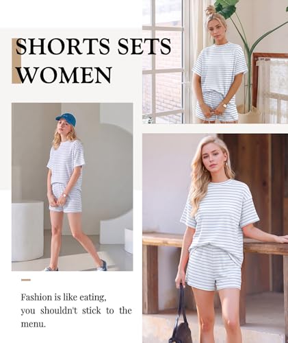 MARZXIN Women 2 Piece Short Set with Vertical Stripes Summer Cruise Outfits - color: Blue Stripe, size: Medium