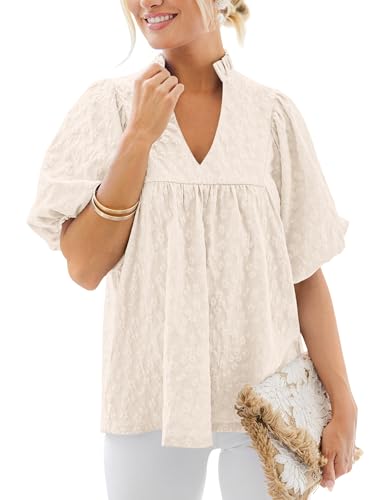 MASCOMODA Womens Puff Short Sleeve Peplum Babydoll Tops 2026 - color: Apricot, size: Small