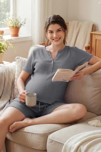 OUGES Women's 100% Soft Cotton Maternity Pajamas Sets Short Sleeve Pregnancy Postpartum 2 Piece Outfits Sleepwear - color: Grey, size: Small