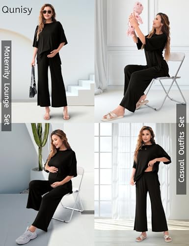 Maternity Lounge Set, 2 Piece Matching Set with Wide Leg Pants - color: Black, size: Small