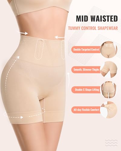 Tummy Control Shapewear Shorts, Mid Waist Body Shaper - color: 1x-nude, size: Small