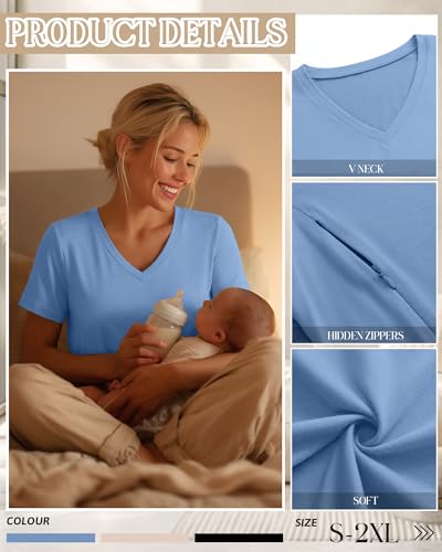 3 Pack Women's Nursing Tops Breastfeeding Shirts - color: Black, Cream, Blue, size: Large