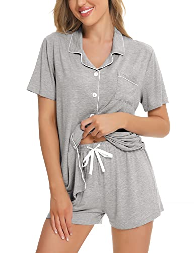 SWOMOG Womens Button Down Pajamas Set Short Sleeve Sleepwear Bride Soft Pj Lounge Sets XS-3XL - color: Grey, size: Small