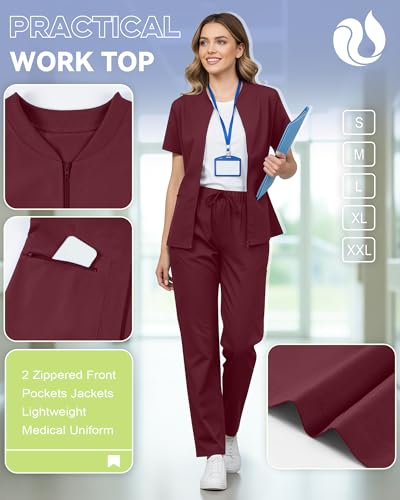 Oakgarden Womens Scrub Top Short Sleeve Nurse Shirts - color: Wine Red, size: Medium
