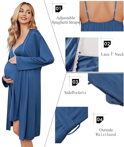 Ekouaer Nursing Nightgown and Maternity Robe Set Labor and Delivery Gown - color: Navy Blue, size: Large