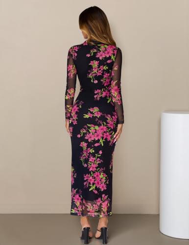 MEROKEETY Womens Fall Long Sleeve Floral Wedding Guest Maxi Dress - color: Black, size: Medium