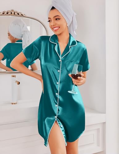Ekouaer Silk Nightgowns for Women Satin Sleep Shirts Button Down Nightshirt - color: Blue Green, size: Medium