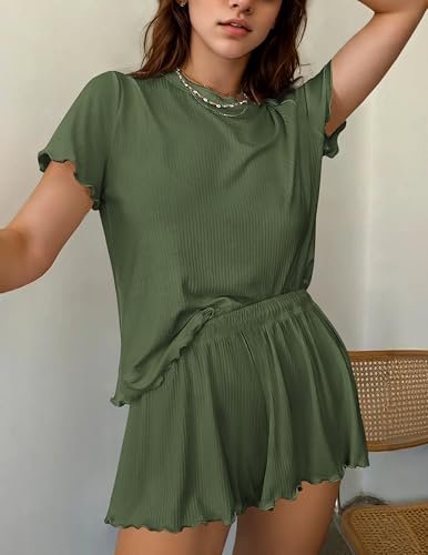 Ekouaer Womens Pajamas 2 Piece Ribbed Knit Pjs Short Sleeve Lounge Sets - color: Army Green, size: Medium