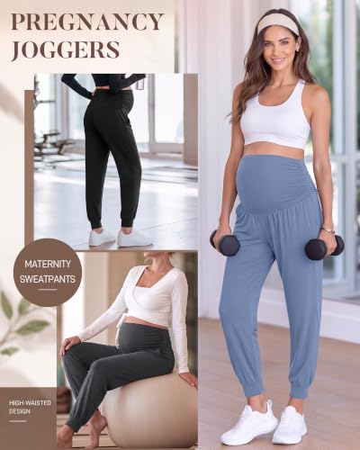 Neer 3 Pack Maternity Joggers Lounge Sweatpants with Pockets - color: Black, Dark Heather Gray, Blue, size: Small