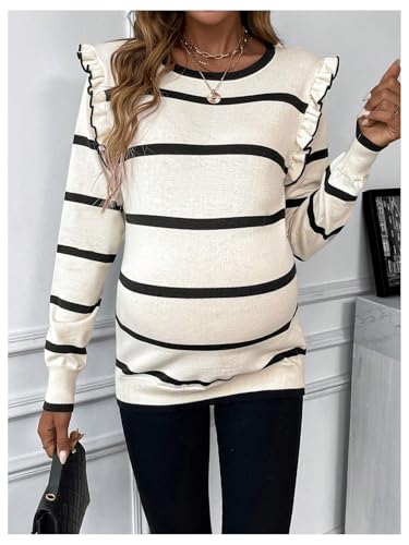 BEAUDRM Women's Maternity Sweater Striped Pattern Round Neck Long Sleeve Ruffle Tops - color: Black and White, size: Large