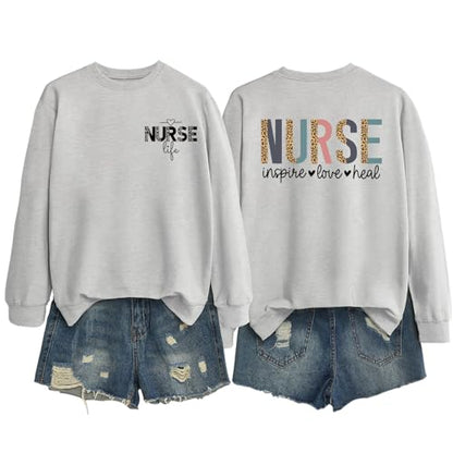 Nurse Sweatshirts for Women Nurse Inspire Love Heal Inspirational Pullovers - color: Grey, size: Medium