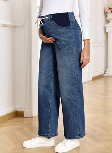 BLENCOT Maternity Jeans High Waisted Drawstring Straight Leg Denim Pants - color: Dirty Blue, size: Small