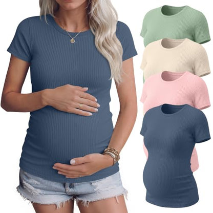 4 Pack Womens Maternity Shirts Work Tees - color: Haze Blue, Light Pink, Apricot, Light Green, size: Small