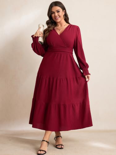RWJ Women's Plus Size Fall Wedding Guest Dress Long Sleeve Maxi with Pocket - color: Burgundy, size: Large Plus