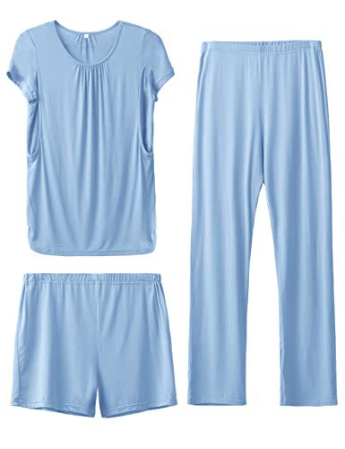 SUNNYBUY Womens Maternity Nursing Pajamas Set 3 Piece Breastfeeding PJS - color: Blue Gray, size: X-Large