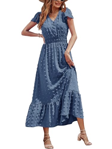 CzzzyL Women Nursing Dresses Cap Short Sleeve V Neck Swiss Dot with Pockets - color: Blue, size: Medium