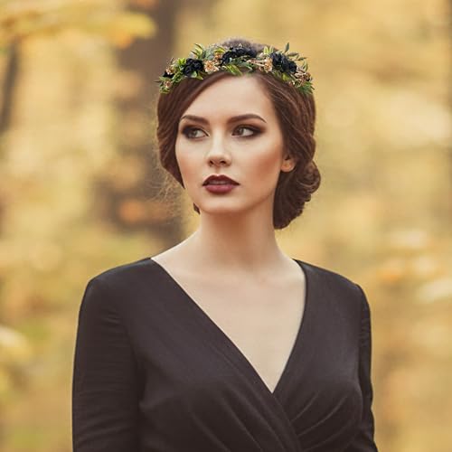 Black Flower Crown Headband, Fairy Dark Floral Headpiece - color: Black