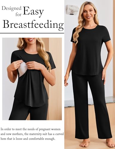 Ekouaer 3 Piece Maternity Nursing Pajamas Set Short Sleeve Breastfeeding Pjs - color: Black, size: Medium