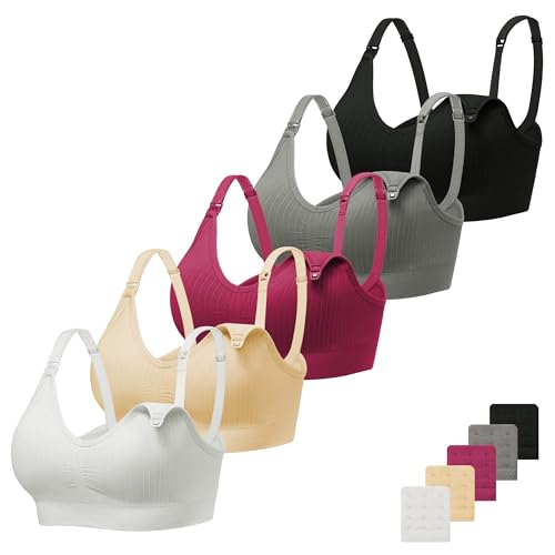 Angelhood Ribbed Nursing Bras 5 Pack Wireless V Neck Maternity Nursing Bra - color: Black/Grey/White/Nude/Burgundy, size: Medium