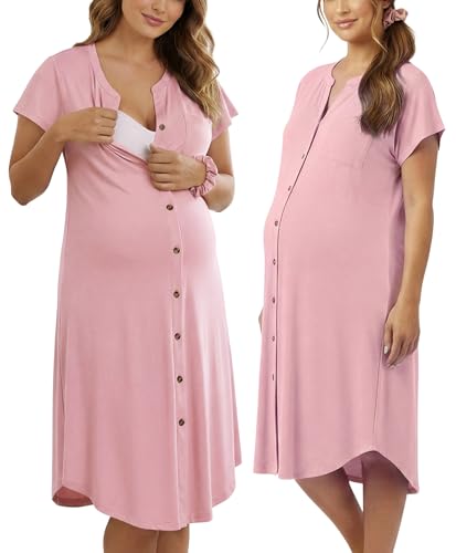 PATPAT Maternity Nursing Dress, Womens Button-Down Midi Dress with Pockets - color: Light Pink, size: Medium