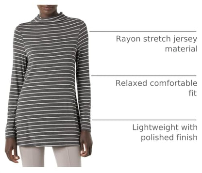 Amazon Essentials Women's Jersey Long-Sleeve Mock Neck Swing Tunic Top, Relaxed Fit Pullover - color: Charcoal Heather White Stripe, size: X-Small