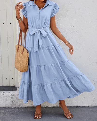 dowerme Women Ruffle Sleeve Button Belted Boho Maxi Dress - color: Sky Blue, size: Large