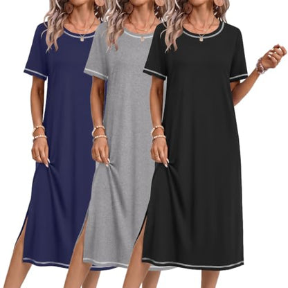 Ekouaer 3 Pack Long Nightgowns for Women Split Hem Sleepshirt - color: Black/Grey/Blue, size: Medium