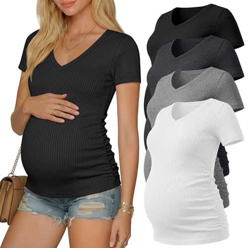 Neer 4 Pack Women's Maternity Shirts Short Sleeve - color: Black, Dark Heather Gray, Light Heather Gray, White, size: Medium