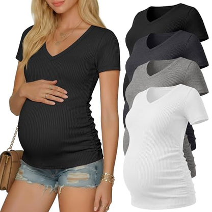 Neer 4 Pack Women's Maternity Shirts Short Sleeve - color: Black, Dark Heather Gray, Light Heather Gray, White, size: Medium