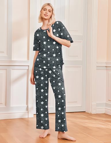 Ekouaer 2 Pack Womens Pajamas Sets Short Sleeve Long Pants Pjs Lounge Set - color: Dark Grey Stars/Navy, size: Large