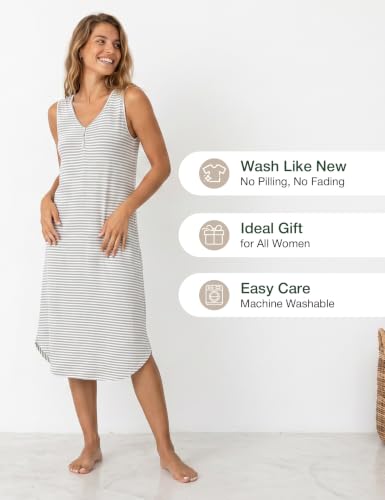LazyCozy Women's Bamboo Viscose Cooling Nightgown for Hot Flashes - color: Grey Stripe, size: Large