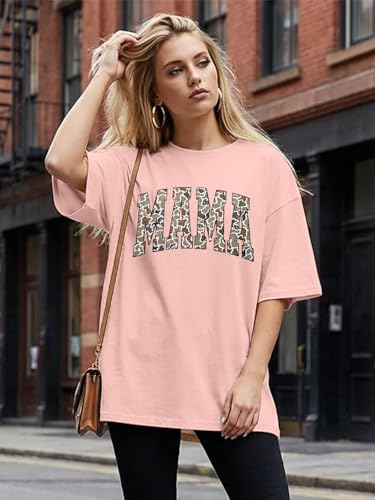 Oversized Mama Shirts for Women Camo Mama Letter Print Tshirt Mom Life Tops - color: Pink, size: Medium