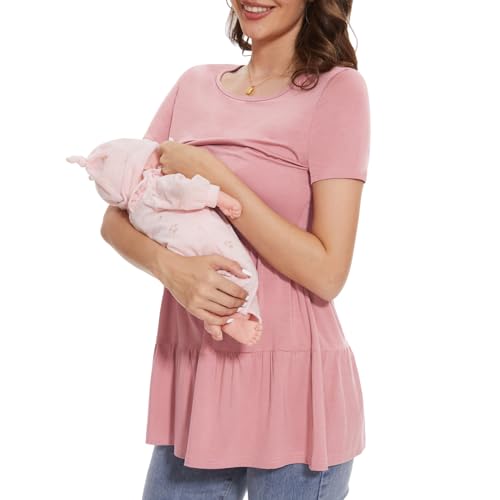Bearsland Short Sleeve Nursing Top - color: Iron Gray‌ & Pastel Pink & Light Blue, size: Medium