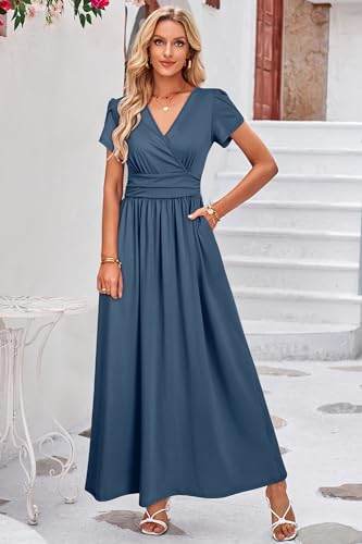 OUGES Women's Wrap V Neck Summer Maternity Photoshoot Dress with Pockets - color: Gray Blue, size: XX-Large