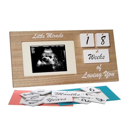 Brown Ultrasound Sonogram Picture Frame with Milestone Tracker – Elegant Wooden Keepsake for Expecting Parents – Nursery Décor Gift for New Moms – Countdown Tiles Included – 12" x 6" Design - color: Wood