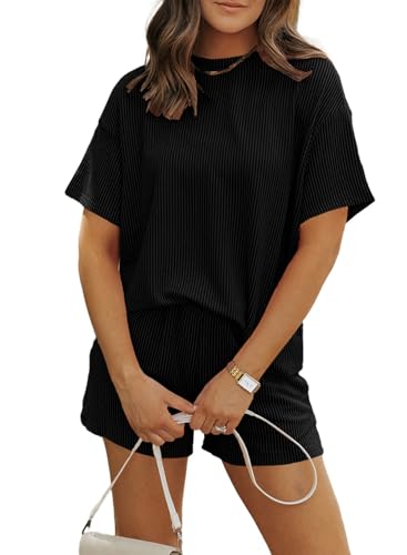 MARZXIN Women 2 Piece Short Set with Vertical Stripes Summer Cruise Outfits - color: Black, size: Large