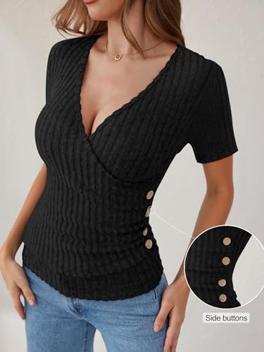 ANRABESS Women Short Sleeve V Neck Shirts - color: Black, size: Small
