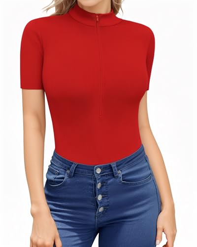 HERLOLLYCHIPS Womens Long Sleeve Top Short Sleeve V Neck Zip Up Sexy Shirts - color: E Short Sleeve Red, size: XX-Large
