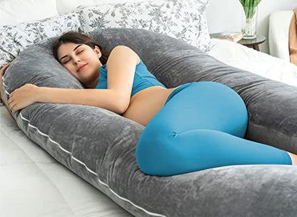 QUEEN ROSE 65 Inch U Shaped Pregnancy Body Pillow for Sleeping,Gray Velvet - color: Grey