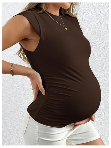 MakeMeChic Women's Maternity Shirts Summer Crew Neck Ruched Sleeveless Fitted Pregnancy Tops - size: Small