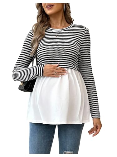 MakeMeChic Women's Fall Maternity Tops Striped Long Sleeve Flared Pregnancy Tee Shirt - size: X-Large