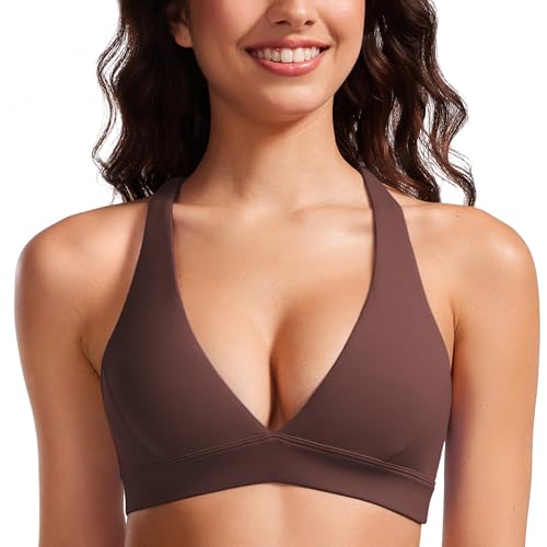 CRZ YOGA Butterluxe Deep V Neck Sports Bras - color: Taupe, size: Medium