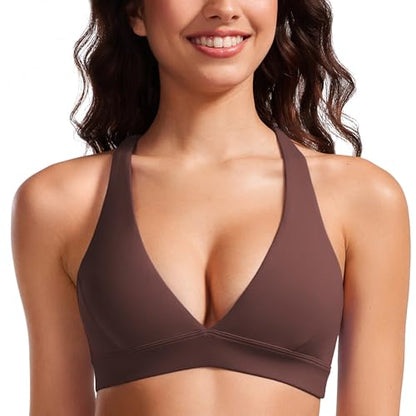 CRZ YOGA Butterluxe Deep V Neck Sports Bras - color: Taupe, size: Medium