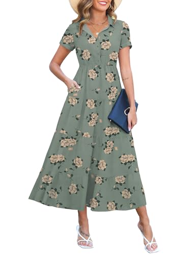 Kranda Women 2026 Summer Collared V Neck Short Sleeve Button Down Chiffon Long Tiered Floral Maxi Dress with Pockets - color: Light Green Floral, size: X-Large