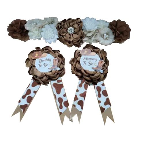 Maternity Sash and Corsage Set Mom to Be Daddy to Be Theme Baby Shower Decorations,Pregnancy Photo Props Supplies, gift for New Mommy and Daddy - color: Brown-denim