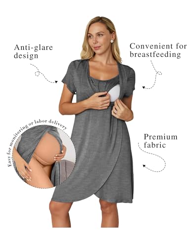 Nursing Nightgown Short Sleeve Breasfeeding Birthing Gown Maternity Dress - color: Grey, size: Small
