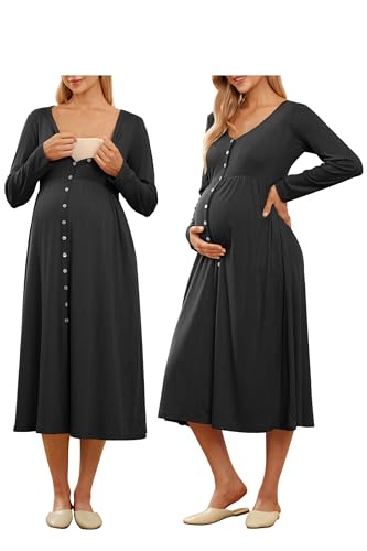 OUGES Cotton Blend Maternity Pajamas Nightgown Button Down Nursing Gown Labor Delivery Breastfeeding Dress with Pockets - color: Black, size: XX-Large